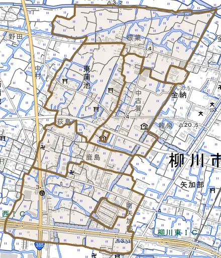 東蒲池とその周辺の地図。町の範囲を重ねている