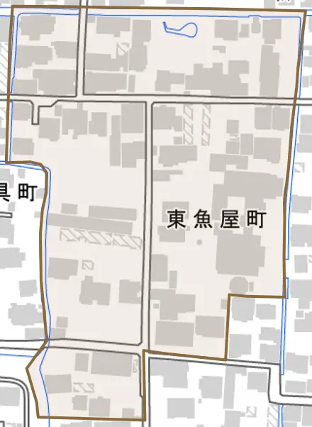 東魚屋町とその周辺の地図。町の範囲を重ねている
