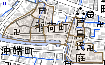 稲荷町とその周辺の地図。町の範囲を重ねている