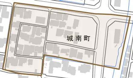 城南町とその周辺の地図。町の範囲を重ねている