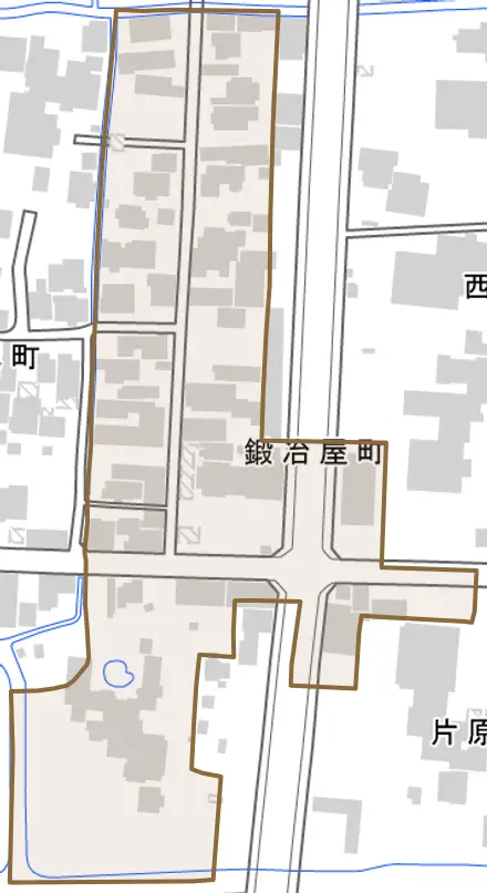 鍛冶屋町とその周辺の地図。町の範囲を重ねている