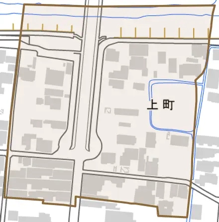 上町とその周辺の地図。町の範囲を重ねている