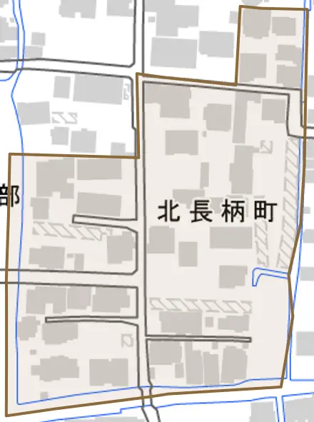 北長柄町とその周辺の地図。町の範囲を重ねている