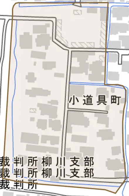 小道具町とその周辺の地図。町の範囲を重ねている