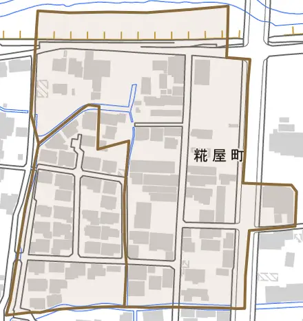 糀屋町とその周辺の地図。町の範囲を重ねている