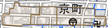 京町とその周辺の地図。町の範囲を重ねている