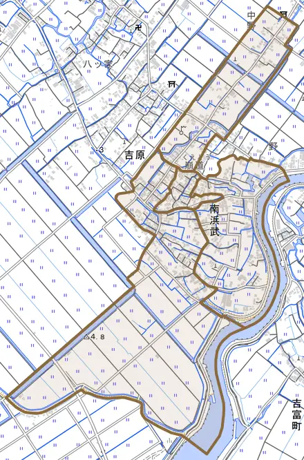 南浜武とその周辺の地図。町の範囲を重ねている