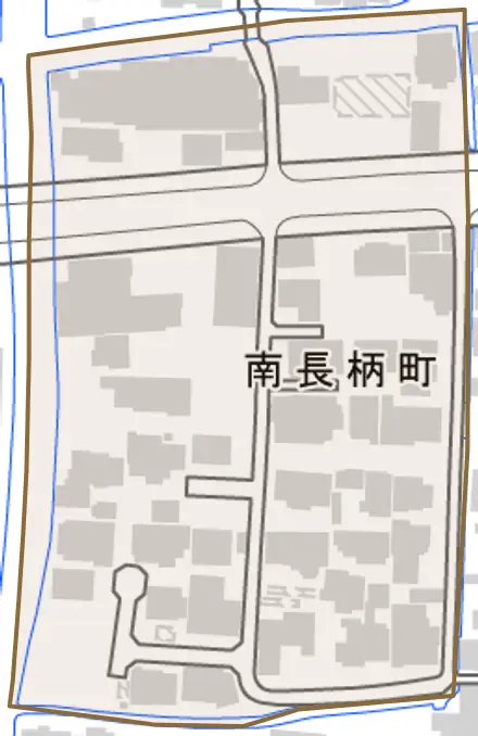 南長柄町とその周辺の地図。町の範囲を重ねている