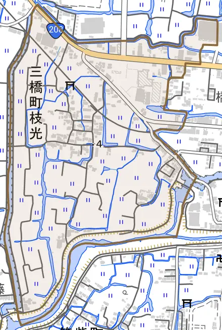 三橋町枝光とその周辺の地図。町の範囲を重ねている