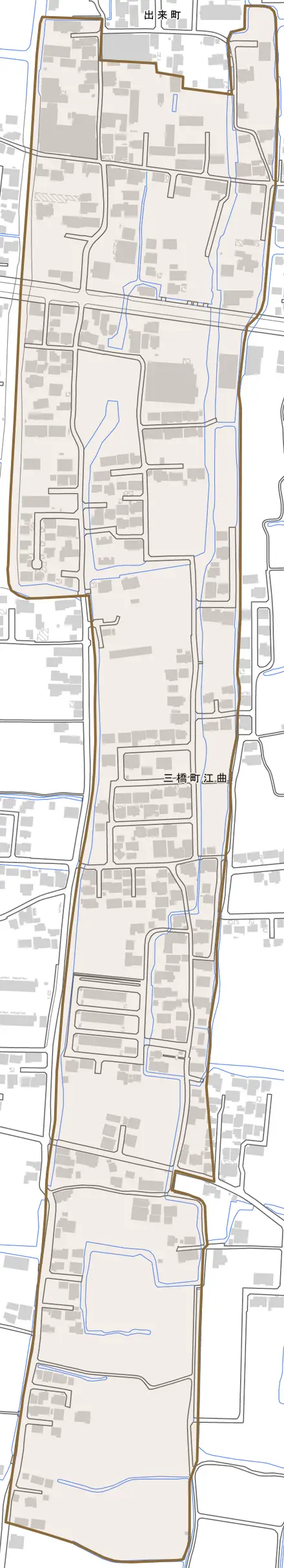 三橋町江曲とその周辺の地図。町の範囲を重ねている