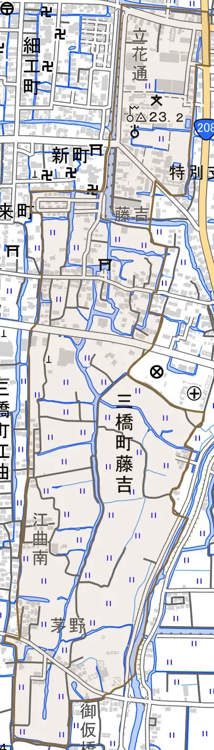 三橋町藤吉とその周辺の地図。町の範囲を重ねている