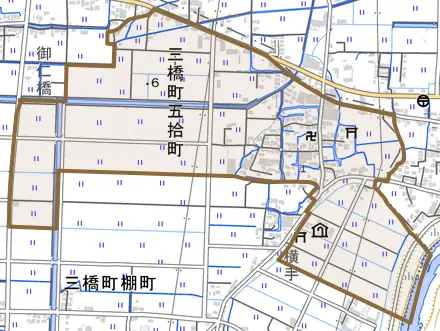 三橋町五拾町とその周辺の地図。町の範囲を重ねている