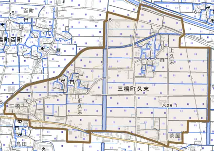 三橋町久末とその周辺の地図。町の範囲を重ねている