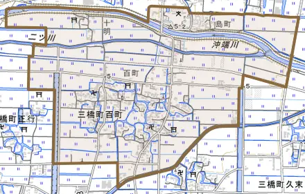 三橋町百町とその周辺の地図。町の範囲を重ねている