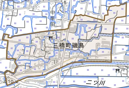 三橋町磯鳥とその周辺の地図。町の範囲を重ねている