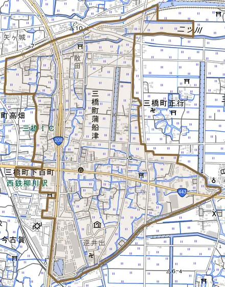 三橋町蒲船津とその周辺の地図。町の範囲を重ねている