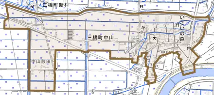 三橋町中山とその周辺の地図。町の範囲を重ねている