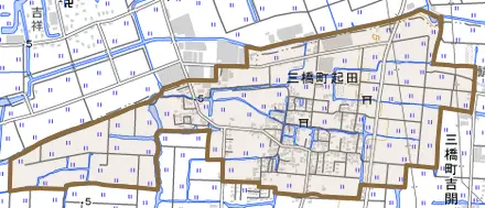 三橋町起田とその周辺の地図。町の範囲を重ねている
