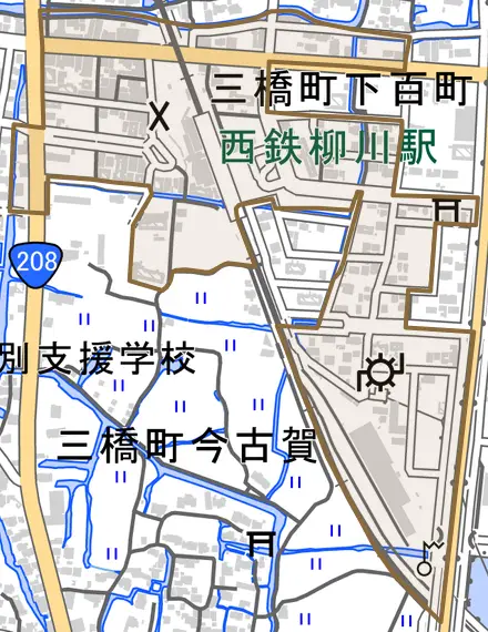 三橋町下百町とその周辺の地図。町の範囲を重ねている