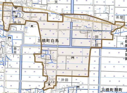 三橋町白鳥とその周辺の地図。町の範囲を重ねている