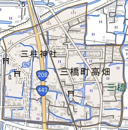 三橋町高畑とその周辺の地図。町の範囲を重ねている