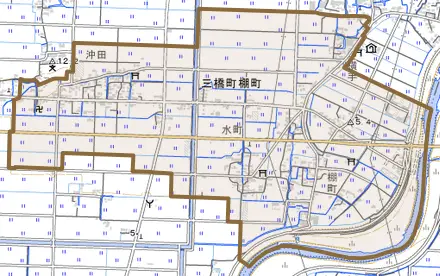 三橋町棚町とその周辺の地図。町の範囲を重ねている