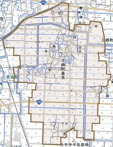三橋町垂見とその周辺の地図。町の範囲を重ねている
