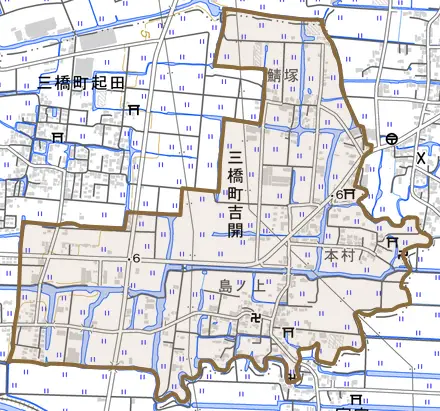 三橋町吉開とその周辺の地図。町の範囲を重ねている