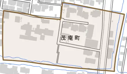 茂庵町とその周辺の地図。町の範囲を重ねている
