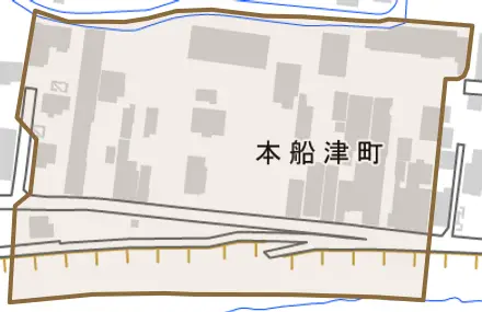 本船津町とその周辺の地図。町の範囲を重ねている
