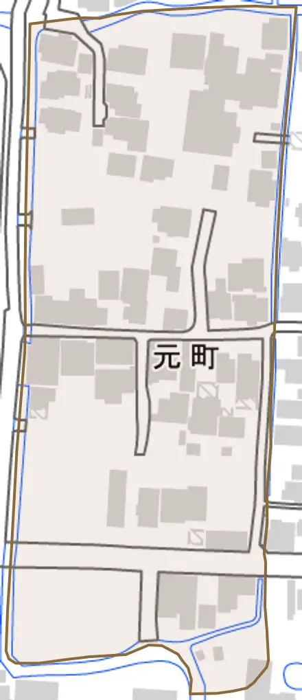 元町とその周辺の地図。町の範囲を重ねている