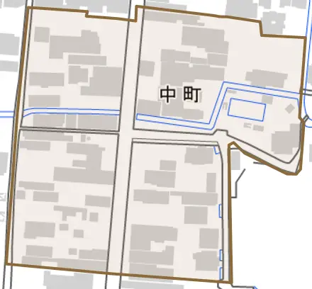 中町とその周辺の地図。町の範囲を重ねている
