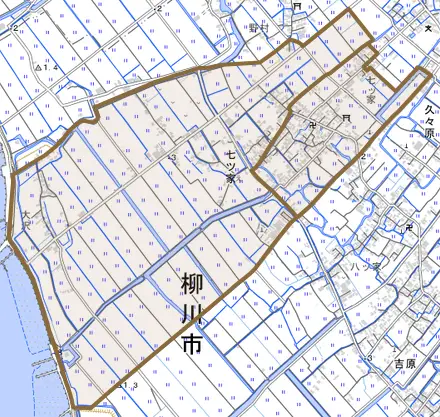 七ツ家とその周辺の地図。町の範囲を重ねている