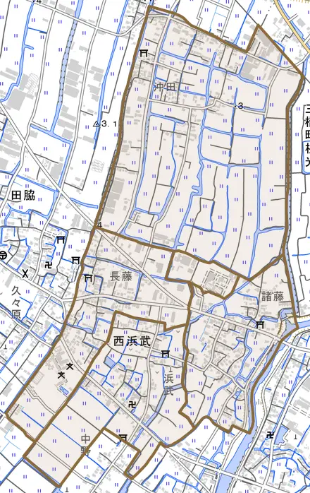 西浜武とその周辺の地図。町の範囲を重ねている