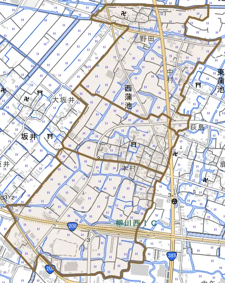 西蒲池とその周辺の地図。町の範囲を重ねている