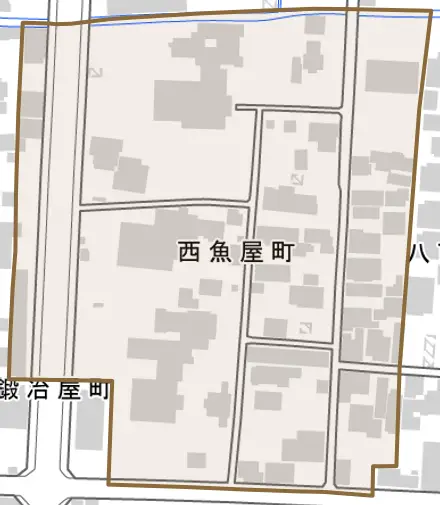 西魚屋町とその周辺の地図。町の範囲を重ねている