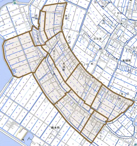 大浜町とその周辺の地図。町の範囲を重ねている