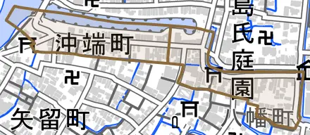 沖端町とその周辺の地図。町の範囲を重ねている