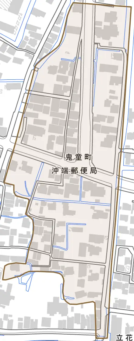 鬼童町とその周辺の地図。町の範囲を重ねている