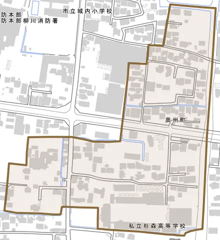 奥州町とその周辺の地図。町の範囲を重ねている