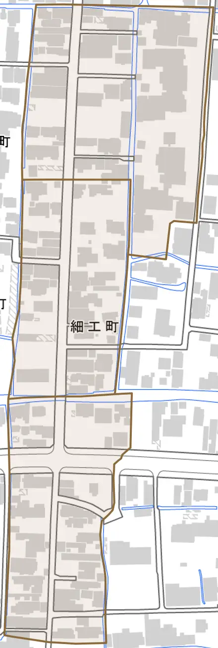 細工町とその周辺の地図。町の範囲を重ねている