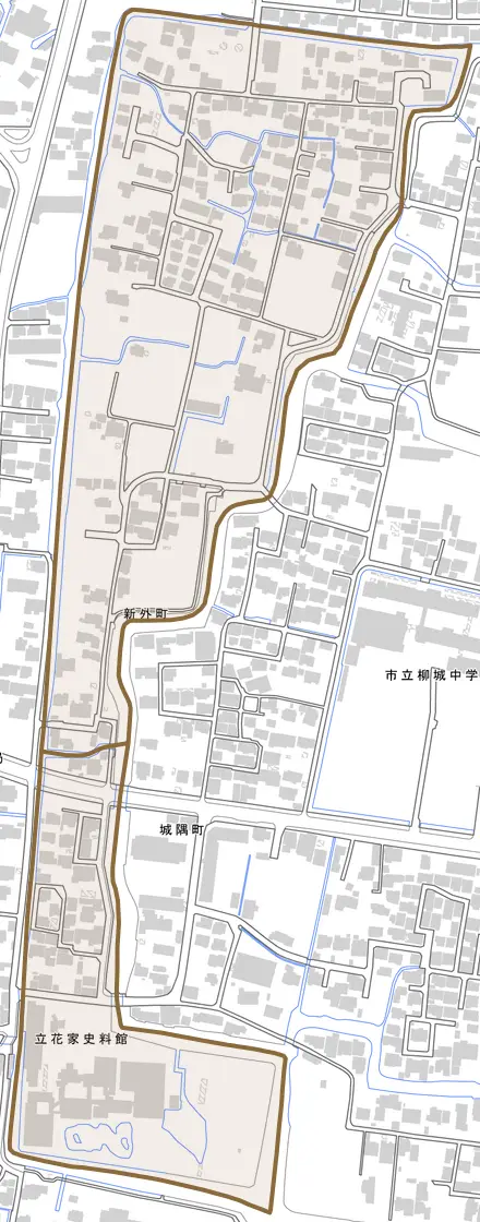 新外町とその周辺の地図。町の範囲を重ねている