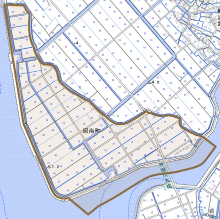 昭南町とその周辺の地図。町の範囲を重ねている