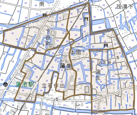 蒲生とその周辺の地図。町の範囲を重ねている