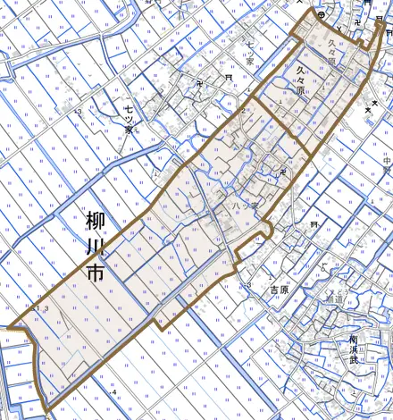 久々原とその周辺の地図。町の範囲を重ねている
