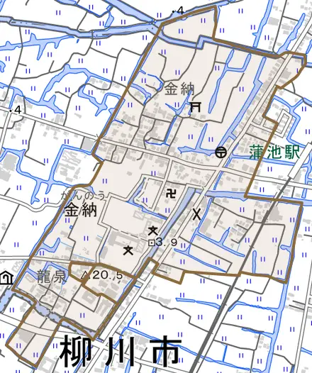 金納とその周辺の地図。町の範囲を重ねている