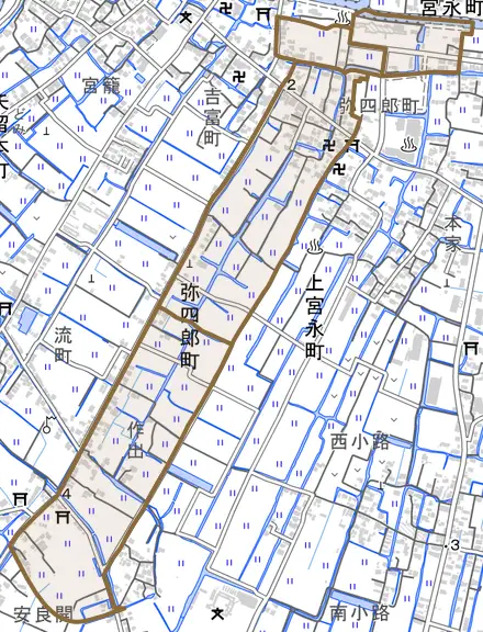 弥四郎町とその周辺の地図。町の範囲を重ねている
