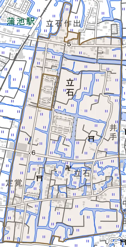 立石とその周辺の地図。町の範囲を重ねている