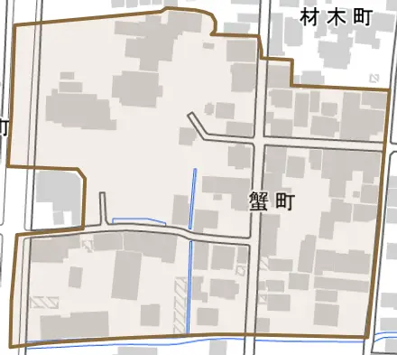 蟹町とその周辺の地図。町の範囲を重ねている
