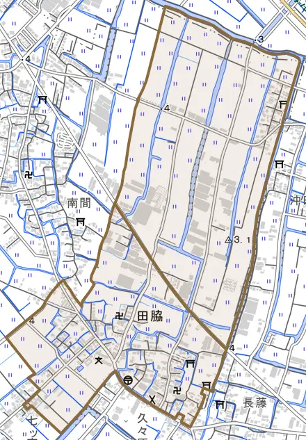 田脇とその周辺の地図。町の範囲を重ねている